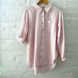 Allie Rose Pink White Striped Linen Blend Tunic Top Button Up Coastal Lagenlook
